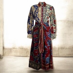 FARM Rio Multicolor Patchwork Midi Dress with Tie Waist